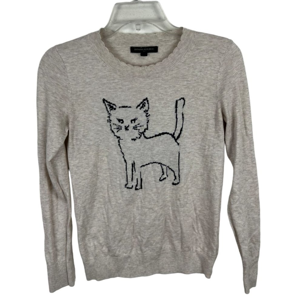 Banana Republic Cat Kitty Sweater Sz XS beige tan pullover long sleeve knit top